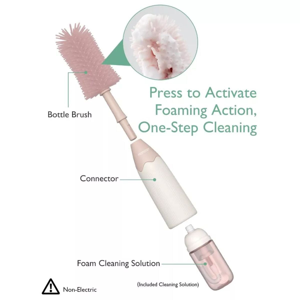 Momcozy Press Bubble Style Bottle Brush Set - Pink - Innovative Press to Foam System